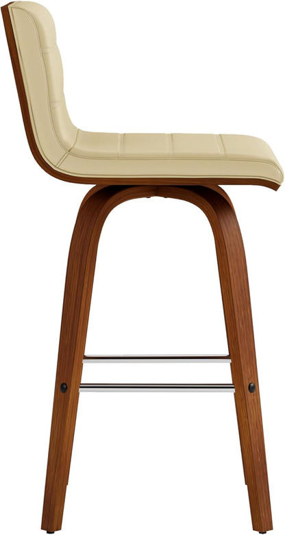 Vienna 26" Swivel Counter Stool in Walnut Wood Finish with Cream Faux Leather - Set of 2