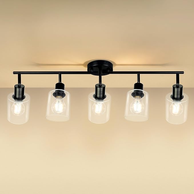 HiBay 5-Light Black Track Lighting Fixtures Ceiling, Multi Directional Foldable Glass Spotlight, Modern Farmhouse Industrial Track Light for Kitchen, Living Room, Home Office, E26 Base