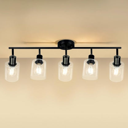 HiBay 5-Light Black Track Lighting Fixtures Ceiling, Multi Directional Foldable Glass Spotlight, Modern Farmhouse Industrial Track Light for Kitchen, Living Room, Home Office, E26 Base