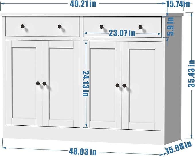 holzart 49" White Buffet Cabinet with Doors & Drawers, Modern Kitchen Storage Sideboard, Coffee Bar Console Table for Dining Room, Living Room, Entryway