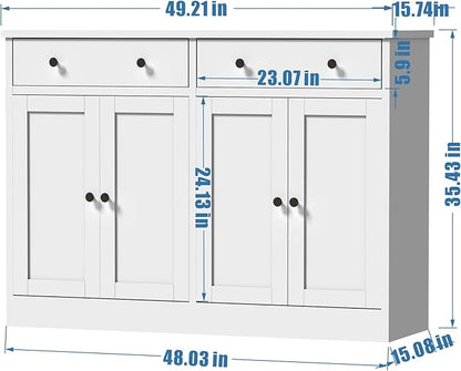 holzart 49" White Buffet Cabinet with Doors & Drawers, Modern Kitchen Storage Sideboard, Coffee Bar Console Table for Dining Room, Living Room, Entryway