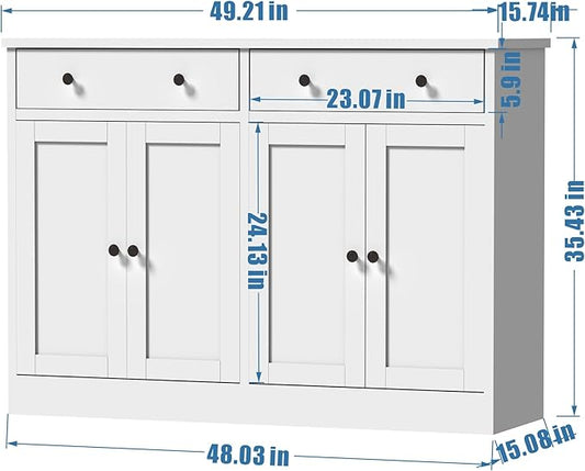 holzart 49" White Buffet Cabinet with Doors & Drawers, Modern Kitchen Storage Sideboard, Coffee Bar Console Table for Dining Room, Living Room, Entryway