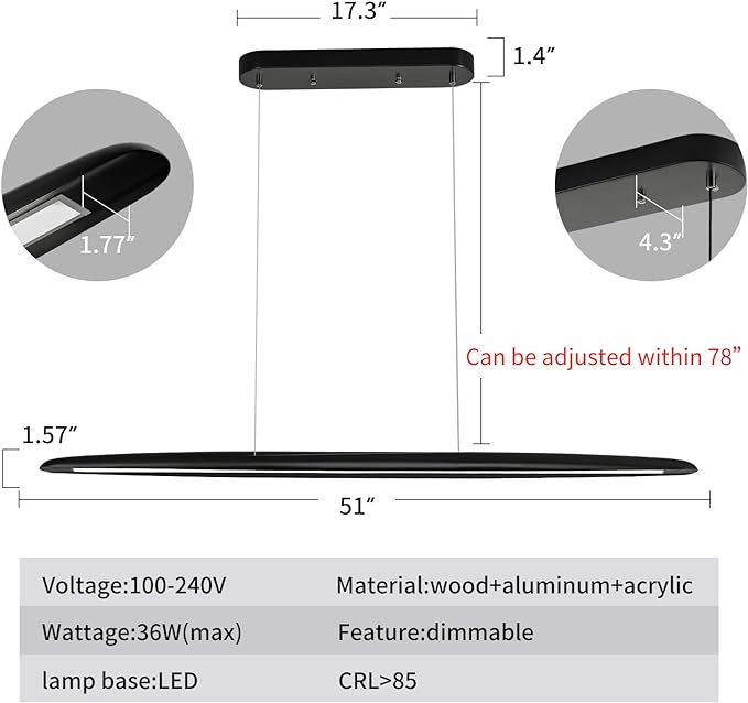 YISDESIGN 39" Wood LED Linear Pendant Light Black Linear Pendant Dinning Room Hanging Lights LED Dimmable Chandeliers 24w for Dining Room Pool Table Lights Kitchen Island Light Black