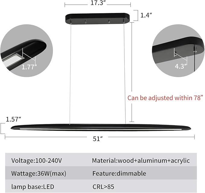 YISDESIGN 51" Wood Linear Pendant Light Black Linear Pendant Dinning Room Hanging Lights LED Dimmable Chandeliers 36w for Dining Room Pool Table Lights Kitchen Island Light Black
