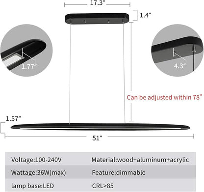 YISDESIGN 51" Wood Linear Pendant Light Black Linear Pendant Dinning Room Hanging Lights LED Dimmable Chandeliers 36w for Dining Room Pool Table Lights Kitchen Island Light Black