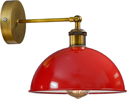 Dome Metal Wall Sconce, 180° Adjustable Industrial Wall Lamp for Bedside, Study, Kitchen, and Living Room Décor. (Red.)