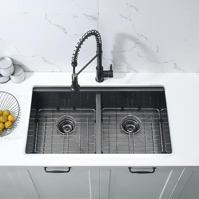 33 Inch Black Double Bowl Undermount Kitchen Sink Workstation-Bokaiya 33x19 Kitchen Sink Undermount 50/50 Double Bowl Sink 16 Gauge Black Stainless Steel Double Basin with Cutting Board