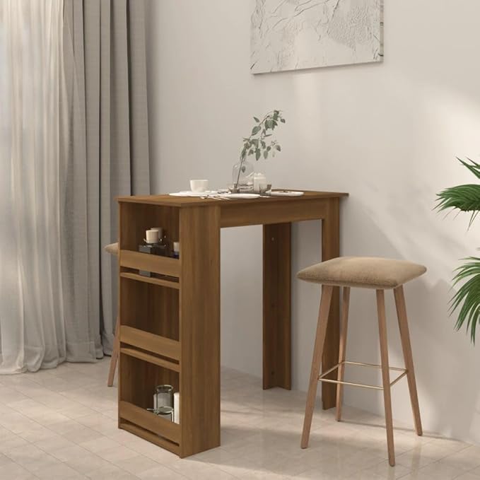 Modern Brown Oak Bar Table with 3 Shelves, Engineered Wood Dining Table for Kitchen, Living Room, and Home Bar Use