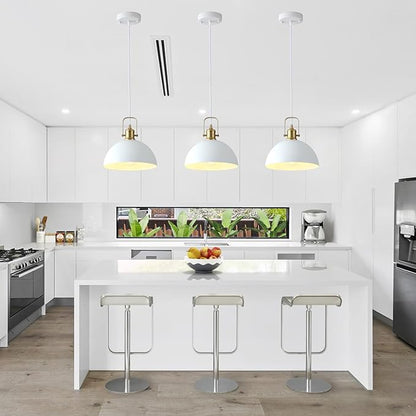 Matte White Pendant Lights Kitchen Island 3 Pack, Modern Farmhouse Hanging Light Fixtures with Gold Interior, Hardwired Metal Ceiling Lighting Over Sink Dining Room