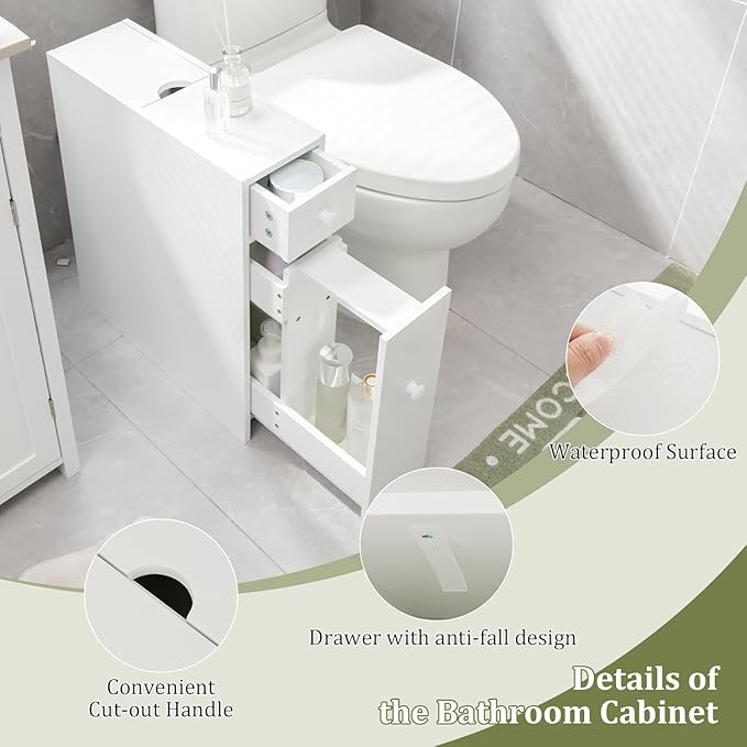Nightcore Narrow Bathroom Storage Cabinet, Multi-Functional Storage Organizer with Drawers, Double Door, Shelves & Toilet Paper Holder, Space-Saving Storage Cabinet for Toilet, Kitchen,(White)