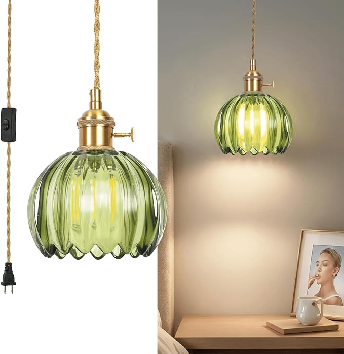 Mini Flower Hanging Lamp Plug in Pendant Light Fixtures, 15Ft Green Glass Pendant Lights Kitchen Island Dining Room Bedroom Living Room, LED Bulb Included