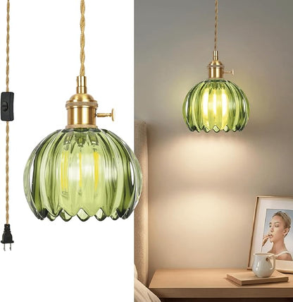 Mini Flower Hanging Lamp Plug in Pendant Light Fixtures, 15Ft Green Glass Pendant Lights Kitchen Island Dining Room Bedroom Living Room, LED Bulb Included