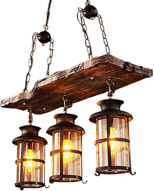 3 Lights Wood Vintage Chandelier, Industrial Farmhouse Island Light with Glass Lampshade, Height Adjustable Wooden Retro Chandelier Ceiling Hanging Light for Dining Room Cafe Bar Restaurant