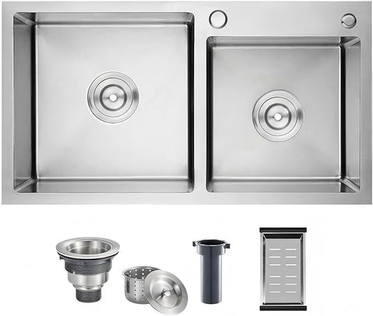 30-inch Kitchen Sink, Double Bowl Drop-in/Top-Mount 304 Stainless Steel with Nano Coating, Includes Drain Assembly & Fruit Basket for Modern Kitchen (30.7" x 16.9")