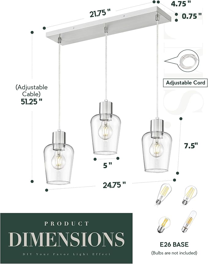 LMS Brushed Nickel Dining Room Light Fixture, 3-Light Clear Glass Island Lights, Farmhouse Linear Chandeliers for Kitchen Island Pendant Light Fixtures, LMS-123SPL-BN3