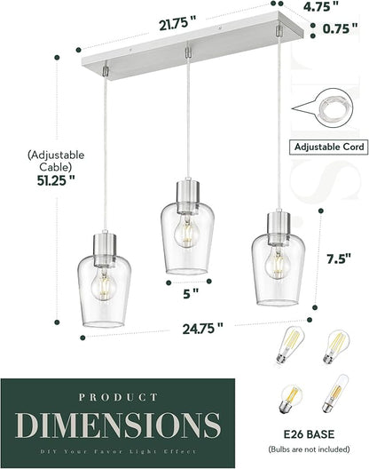 LMS Brushed Nickel Dining Room Light Fixture, 3-Light Clear Glass Island Lights, Farmhouse Linear Chandeliers for Kitchen Island Pendant Light Fixtures, LMS-123SPL-BN3