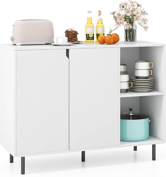Giantex Buffet Cabinet with Storage, Wooden Sideboard with 2-Door Cabinet, 2 Cubes, 5-Position Adjustable Shelves, 5 Metal Legs, Anti-Toppling Device, Modern Furniture for Kitchen Living Room (White)