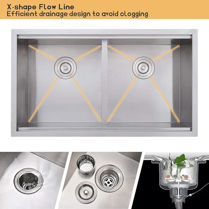 33 Inch Double Bowl Undermount Kitchen Sink Workstation-Bokaiya Stainless Steel 50/50 Double Bowl Kitchen Sink Undermount Ledge Workstation 16 Gauge 10 Inch Deep Double Basin with Cutting Board
