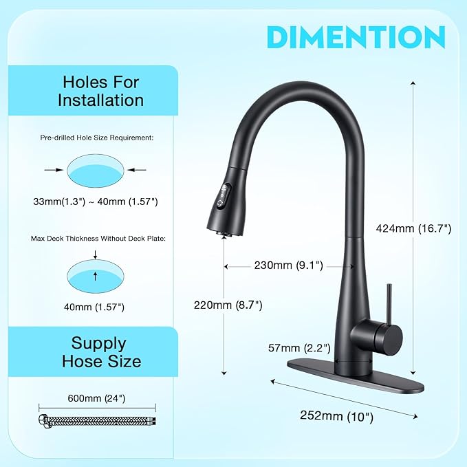 CREA Black Kitchen Faucet, Pull Down Black Kitchen Faucets with Sprayer 3 Modes, Uitility Laundry Faucets Single Hole Bar Sink Faucet 360° Swivel High Arc RV Stainless Steel Faucet, Matte Black