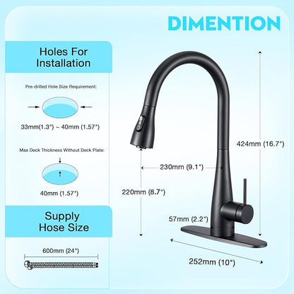 CREA Black Kitchen Faucet, Pull Down Black Kitchen Faucets with Sprayer 3 Modes, Uitility Laundry Faucets Single Hole Bar Sink Faucet 360° Swivel High Arc RV Stainless Steel Faucet, Matte Black
