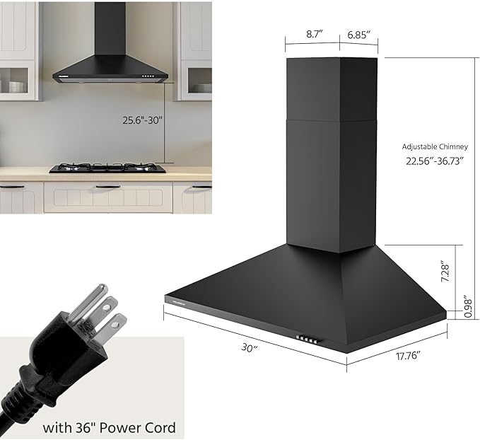 Range Hood 30 inch, 450 CFM Wall Mount Kitchen Hood in Cold Steel with Black Powder Coating Finish, LED Lighting, 3 Speed Exhaust Fan, Ducted/Ductless Convertible (Charcoal Filters Included)