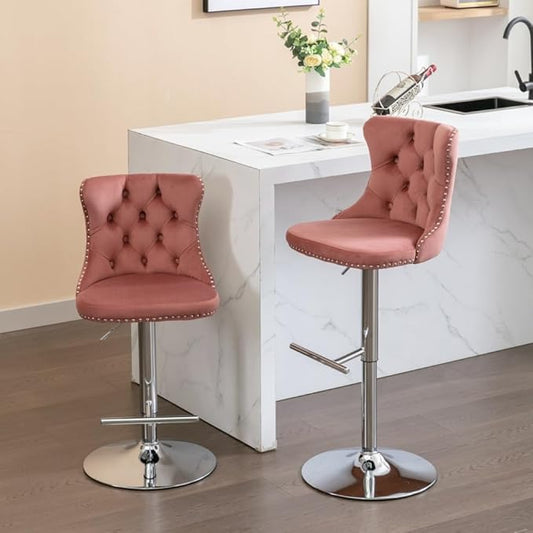 Premium Velvet Upholstered Swivel Bar Stool with Adjustable Height and Tufted Backrest for Kitchen Island, Home Bar, and Dining Space (Foam + Pink + Velvet)