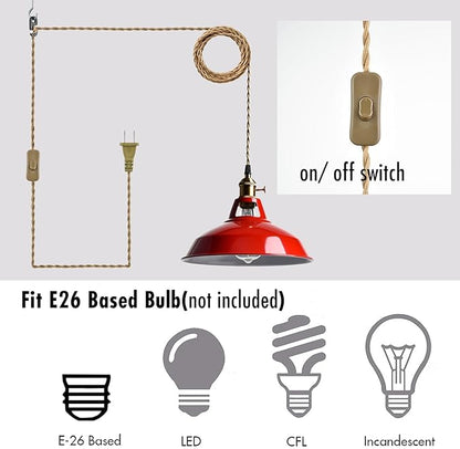 YUBOLE Plug-in Pendant Light Vintage Red Barn Shade Hanging Light Fixture Adjutable Hanging Cord with On-Off Switch Swag Lamp for Kitchen Bar Cafe Bedroom Loft