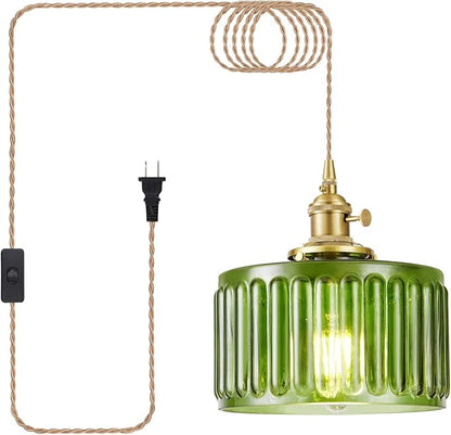 Plug in Pendant Light, Hanging Lights with Plug in Cord, Hanging Light Fixture with Clear Glass, E26 Pendant Lighting for Kitchen Island, Bedroom, Dining Room, Living Room-Green