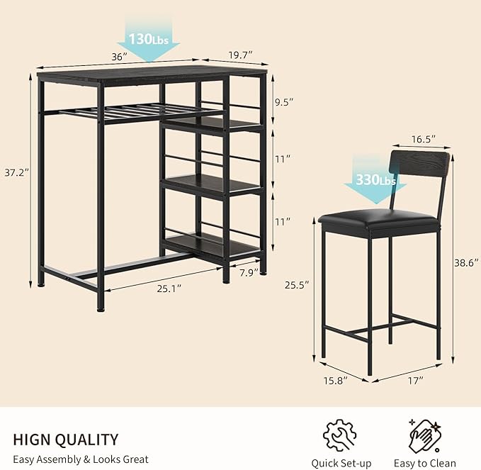Garvee Dining Table Set for 2, Square Table and 2 Chairs Space Saving Compact Dinette Set for Small Spaces Kitchen Dining Room Apartment Breakfast Nook 29.1 x 29.1 x 30 in Black