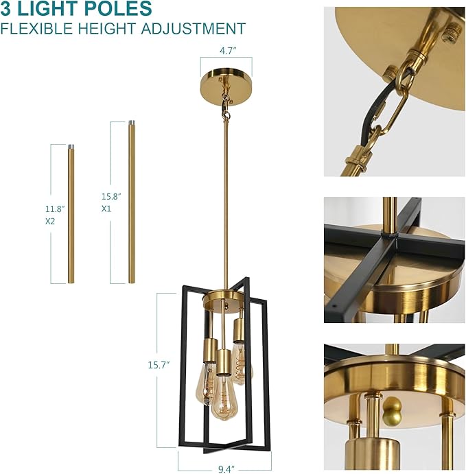 Modern Industrial Farmhouse Pendant Lighting, Rectangle Black & Brass Chandelier, Hanging Light for Kitchen Island, Dining Room, Entryway, Hallway (3-Light)