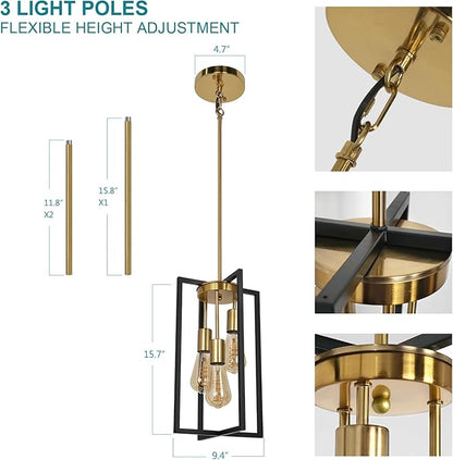 Modern Industrial Farmhouse Pendant Lighting, Rectangle Black & Brass Chandelier, Hanging Light for Kitchen Island, Dining Room, Entryway, Hallway (3-Light)