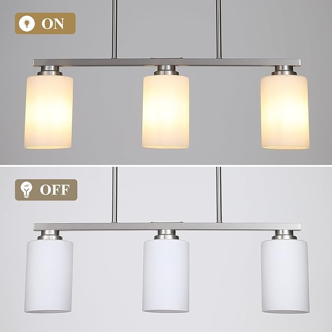 Mecgirn Island Light for Kitchen, Brushed Nickel Dining Room Light Fixture Over Table with Milk Glass Shade, 3-Light Linear Chandelier Pendant Lighting for Dining Table Kitchen Island Living Room