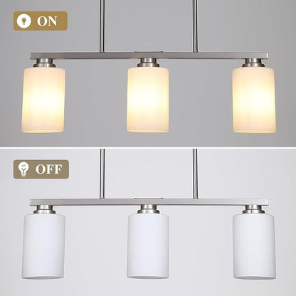 Mecgirn Island Light for Kitchen, Brushed Nickel Dining Room Light Fixture Over Table with Milk Glass Shade, 3-Light Linear Chandelier Pendant Lighting for Dining Table Kitchen Island Living Room