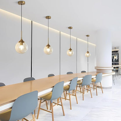 KCO Lighting Mid Century Modern Kitchen Island Pendant Lighting Gold 1-Light Amber Glass Globe Pendant Light Brushed Brass Large Living Room Pendant Light Fixture (2 Pack)
