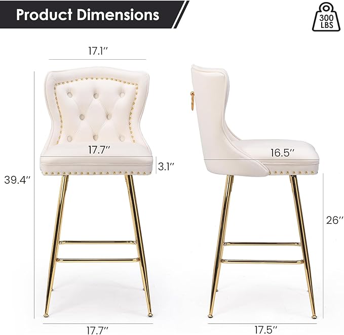 Modern Counter-Height Bar Stool Set of 2, 26" Velvet Upholstered Barstools with Backrest and Gold Chrome Base Footrest, Nailheads Trim, Beige Bar Stools for Kitchen Island, Cafe, Pub (Beige)