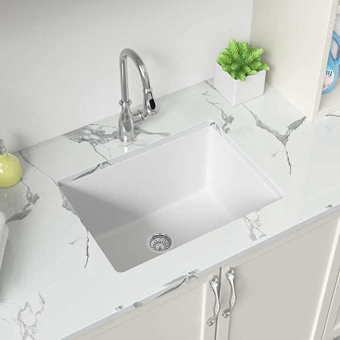 Sarlai 24 Inch Undermount Laundry Sink Granite Composite - 12 Inch Deep Utility Laundry Sink 24x18 White Kitchen Sinks Undermount Quartz Classic Under Counter Single Bowl Basin