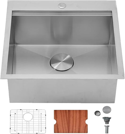 HOTIS 21 X 20 Inch Drop In Kitchen Sink, Handmade Stainless Steel Kitchen Sink, Large Residential Sinks with 1 Holes, Single Bowl Workstation with Dish Grid & Drain and Cutting Board