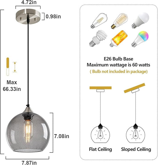 Light Grey Glass Pendant Lights Kitchen Island Lighting Globe Pendant Light Fixtures Modern Pendant Lighting for Bedroom Living Dining Room Light Fixture (7.87 in, 1 Pack)