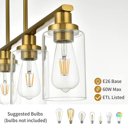 Kitchen Island Lighting, 5-Light Modern Dining Room Light Fixtures Over Table,Farmhouse Gold Linear Chandeliers for Dining Room, Industrial Pendant Lights Fixture with Clear Glass Shade