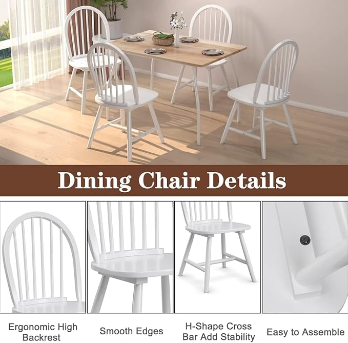 SIMOE White Windsor Dining Chairs Set of 4, Spindle Back Wood Kitchen Chairs with Solid Wood Legs, Mid-Century Modern Side Dining Chair for Living Dining Room, Restaurant