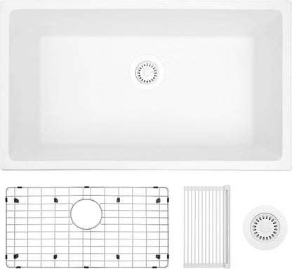 MILOSEN White Undermount Kitchen Sink, 31"x18" Granite Composite Single Bowl Kitchen Sinks, 9" Deep Large Undermount/Drop In Sink with Custom Accessories, White Quartz Kitchen Sinks for Modern Kitchen