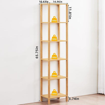 YUFAM 66in Tall Bookshelf 6-Tier Small Narrow Bookcase, Skinny Book Shelf for Small Space, Farmhouse Slim Shelf with Storage, Wood Freestanding Display Thin Bookshelves for Living Room, Natural