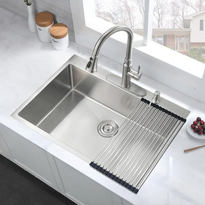28 Inch Drop In Kitchen Sink Single Bowl, 28x22 Topmount 16 Gauge Stainless Steel Kitchen Sink Brushed Nickel Deep Basin 28x22x10