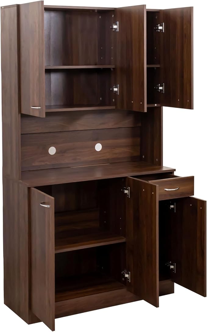71" Kitchen Pantry Cabinets with Microwave Stand, 6 Doors & 3 Adjustable Shelves, Freestanding China Cabinet Hutch, Buffet Cabinet with Storage, WalnutV2