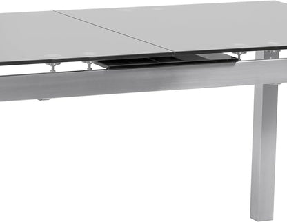 Armen Living Ivan Extendable Dining Table with Tempered Glass Top and Brushed Stainless Steel Finish, Gray, Dining Height
