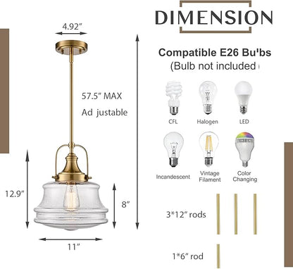 DEYNITE Modern Gold Kitchen Pendant Light Seeded Glass Shade-Rod Hanging Nautical Schoolhouse Dimmable Light for Dining Room Bathroom Hallway