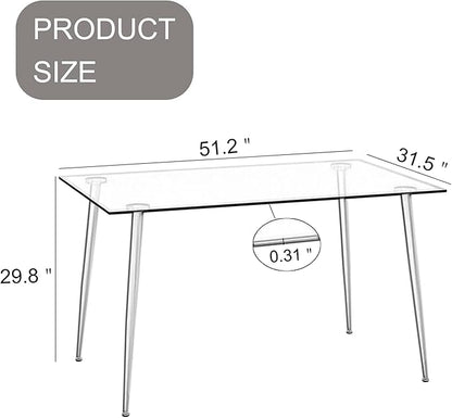 Baysitone Glass Dining Table for 4 with 51 inch Clear Rectangular Glass Top, 0.31" Modern Tempered Glass Kitchen Table Furniture with 4 Black Plating Metal Legs for Home Dining Room