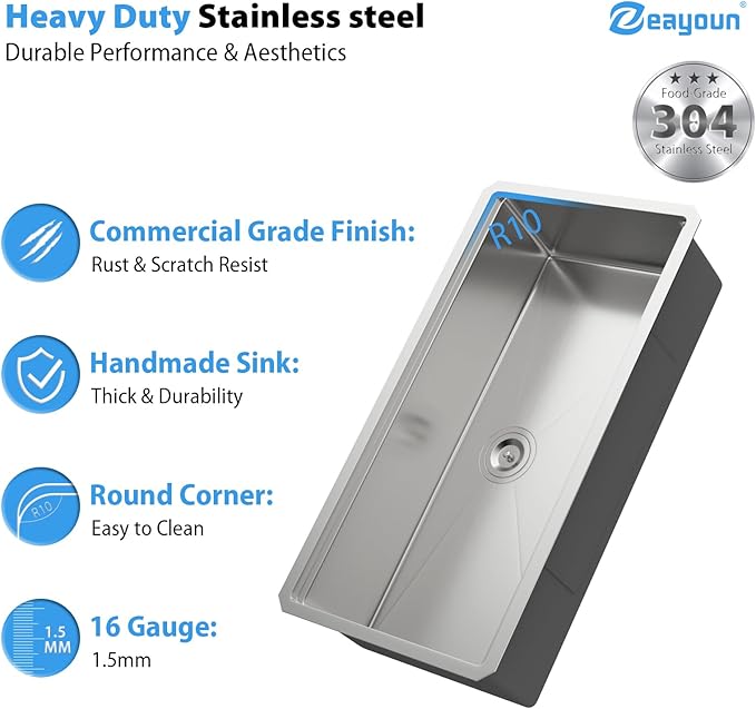 36 Inch Undermount Kitchen Sink Workstation 16 Gauge Stainless Steel Handmade Sink Round Corners Single Bowl Large Deep Under Counter Kitchen Sinks Basin, 36"x19"x9"