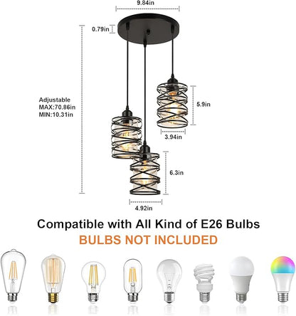 Pendant Lights Kitchen Island Black Pendant Light Fixtures 3-Light Spiral Iron Kitchen Island Lighting Adjustable Hanging Cluster Pendant Lighting for Dining Room with Clear Glass Shade