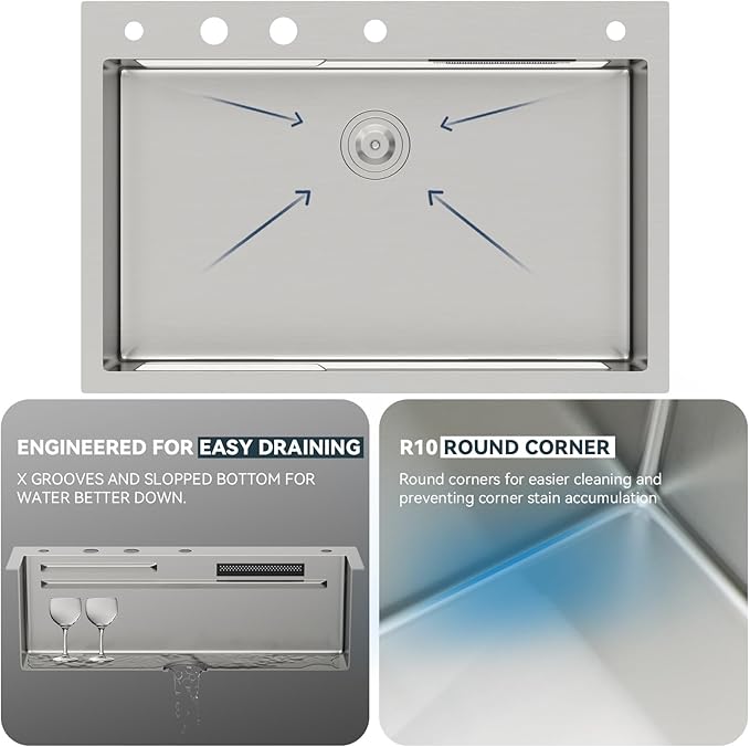 Lordear 30 Drop In Kitchen Sink with Faucet 30x22 Inch Waterfall Kitchen Sinks Topmount Stainless Steel 16 Gauge Single Bowl Workstation Kitchen Sink with Two Multifunctional Switch Knob